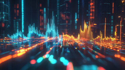 Fototapeta premium vibrant digital landscape showcasing colorful data visualizations and sound waves, evokingsense of technology and innovation.