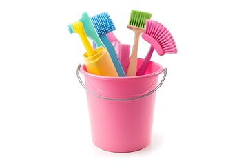 Detergents and cleaning products in bucket isolated on white background