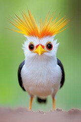 Fototapeta premium A striking bird with fiery plumage perched in a vibrant green setting at dawn