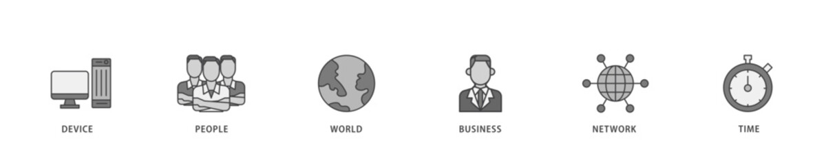 Internet of things icon infographic illustration concept with icon of device, people, world, business, network and time icon live stroke and easy to edit 