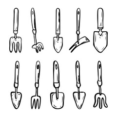 Set of mini gardening tools hand drawn in doodle style. Rake, scoop, hoe. Work items for processing, loosening, digging soil. Hobby gardening. Vector line art illustration.