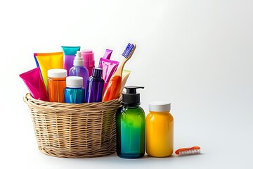 Obraz premium Composition of cosmetic bottles and soap in basket, isolated on white