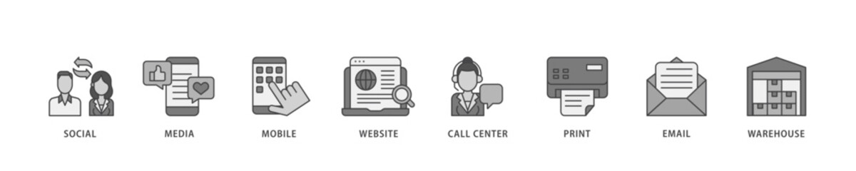 Omnichannel icon infographic illustration concept with icon of social media, mobile, website, call center, print, email, and warehouse icon live stroke and easy to edit 