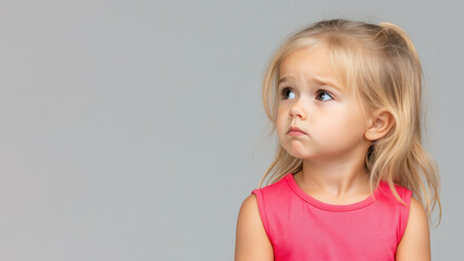 Naklejka premium Caucasian little girl angry expression looking at copy space, isolated on gray