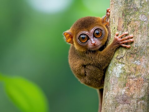 A curious tarsier climbing a tree in a lush tropical forest during twilight hours