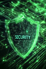 A digital shield with a text "SECURITY", with a background of encrypted data streams in various shades of green
