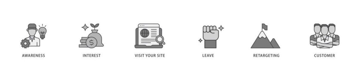 Remarketing icon infographic illustration concept with icon of awareness, interest, visit your site, leave, retargeting and customer icon live stroke and easy to edit 
