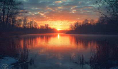 A breathtaking image of a serene lake perfectly reflecting the vibrant colors of a mesmerizing sunset. 