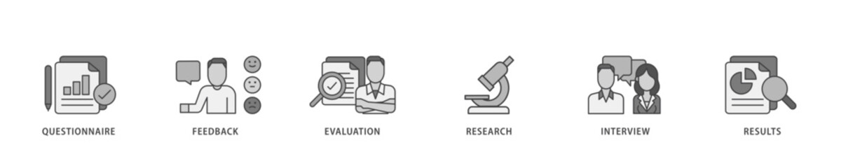 Survey icon infographic illustration concept with icon of evaluation, research, interview and result icon live stroke and easy to edit 