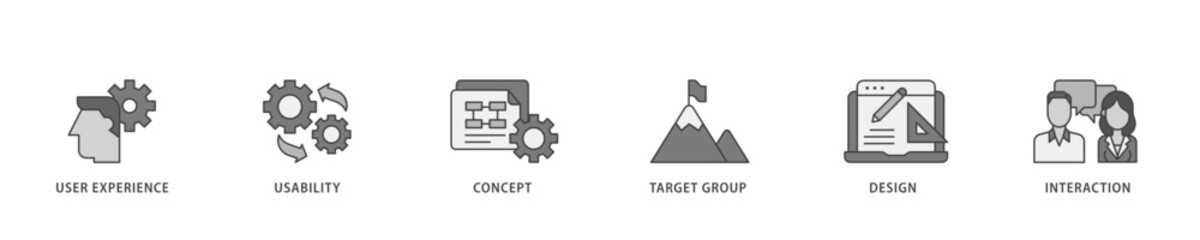 User interface design icon infographic illustration concept with icon of target group, interaction, design, concept, usability, user experience icon live stroke and easy to edit 