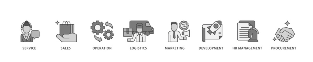 Value chain icon infographic illustration concept with icon of service, sales, operation, logistics, marketing, development, hr management, procurement icon live stroke and easy to edit 