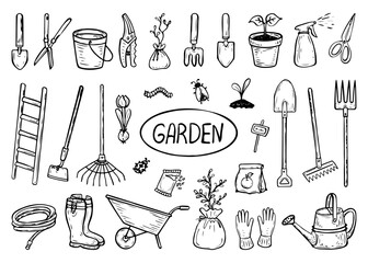 Garden set hand drawn in doodle style. Hobby gardening. Gardener tools for caring for plants and cleaning the backyard. Vector line art illustration.