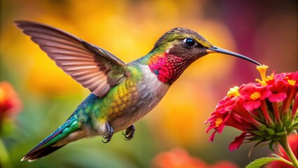 Fototapeta premium Vibrant close-up shot of a colorful hummingbird feeding on a flower, hummingbird, bird, vibrant, colorful, close-up, feeding
