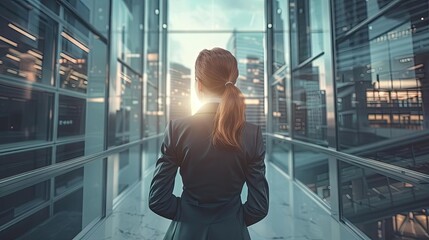 A professional woman gazes out at a city skyline, reflecting ambition and future possibilities in a modern office environment.