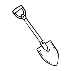 Tourist shovel hand drawn in doodle style. Camp equipment. Item for digging. Vector line art illustration.