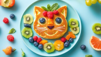 Fun and vibrant pancake cat with fresh fruit toppings, designed for young children