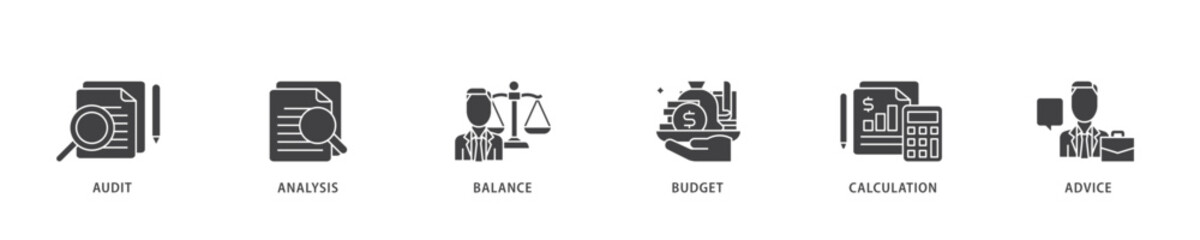 Accounting icon infographic illustration concept with icon of audit, analysis, balance, budget, calculation, and advice icon live stroke and easy to edit 