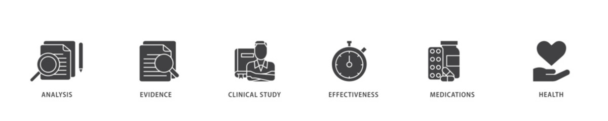 Clinical research icon infographic illustration concept with icon of analysis, evidence, clinical study, effectiveness, medications and health icon live stroke and easy to edit 