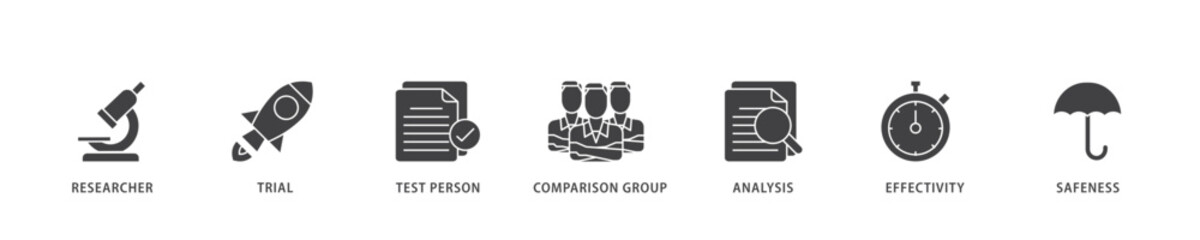 Clinical study icon infographic illustration concept with icon of researcher, trial, test person, comparison group, analysis, effectivity, and safeness icon live stroke and easy to edit 