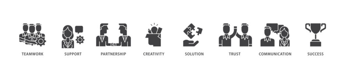 Collaboration icon infographic illustration concept with icon of teamwork, support, partnership, creativity, solution, trust, communication, success icon live stroke and easy to edit 