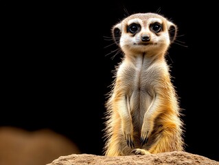 Fototapeta premium A curious meerkat standing upright on a rock, gazing at the surroundings in a dark environment