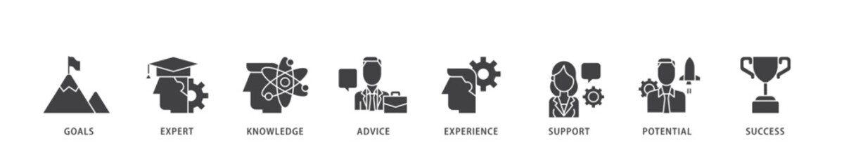 Consulting icon infographic illustration concept with icon of goals, expert, knowledge, advice, experience, support, potential, and success icon live stroke and easy to edit 