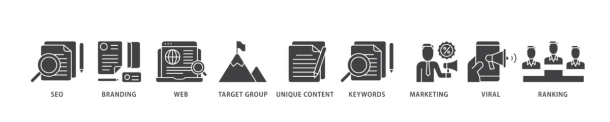 Content is king icon infographic illustration concept with icon of seo, branding, web, target group, unique content, keywords, marketing, viral and ranking icon live stroke and easy to edit 