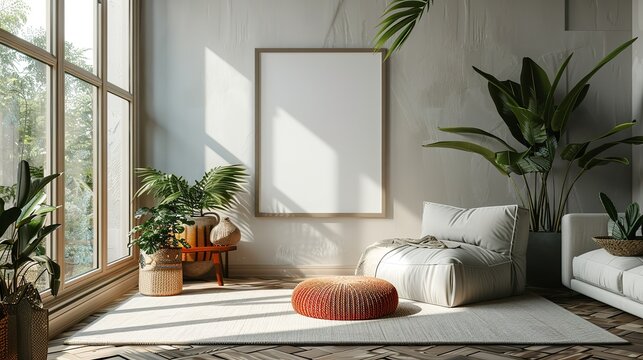 Blank horizontal poster frames mock up in minimal white style living room interior, modern living room interior background