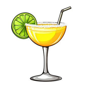 recommend clip art: Refreshing yellow margarita cocktail with lime slice and salt rim on a black background.