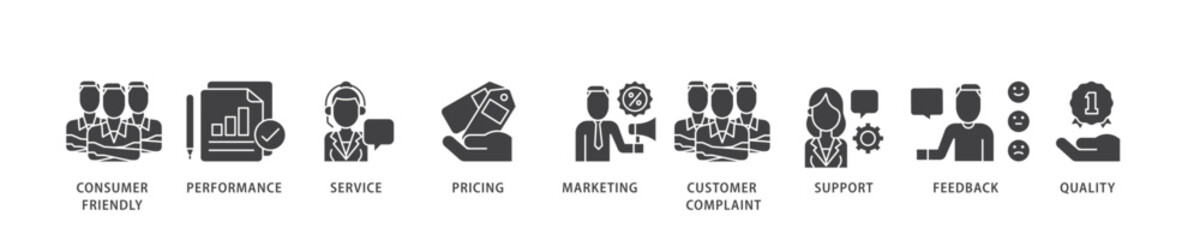 Customer satisfaction icon infographic illustration concept with icon of consumer friendly, performance, service, pricing, marketing, customer complaint icon live stroke and easy to edit 