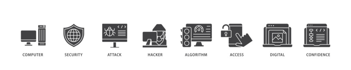 Data breach icon infographic illustration concept with icon of computer, security, attack, hacker, algorithm, access, digital and confidence icon live stroke and easy to edit 