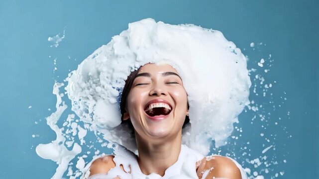 portrait beautiful asian model girl laughing with big soap foam on head in hair on solid blue background, hygiene, Shampoo, hair treatment and soap, bathing time 
