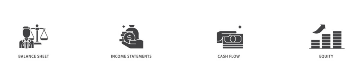 Financial statements icon infographic illustration concept with icon of graph, balance sheet, pie chart, income statements, money, calculator, income, earningicon live stroke and easy to edit 