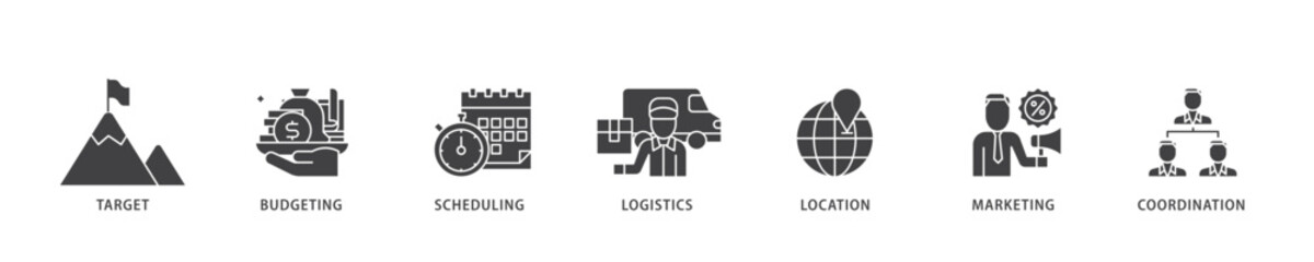 Event management icon infographic illustration concept with icon of target, budgeting, scheduling, logistics, location, marketing, and coordination icon live stroke and easy to edit 