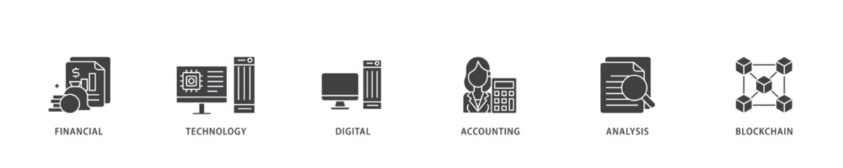 Fintech icon infographic illustration concept with icon of financial, technology, digital, accounting, analysis and blockchain icon live stroke and easy to edit 