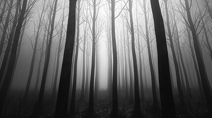 A black and white photo of a misty forest with tall trees and sunlight peeking through the fog.
