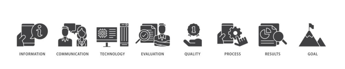 ICT icon infographic illustration concept with icon of antenna, radio, network, website, database, cloud, server, data, electronic, and processor icon live stroke and easy to edit 