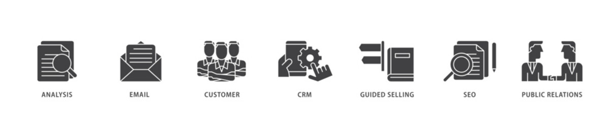 Inbound marketing icon infographic illustration concept with icon of analysis, email, customer, crm, guided selling, seo and public relations icon live stroke and easy to edit 