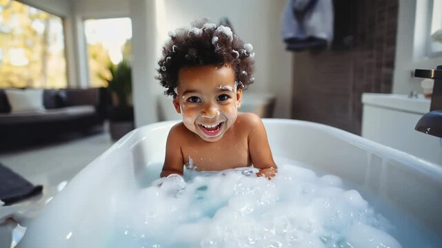 Soap foam, bath time, little african American child taking bubble bath in beautiful bathroom, Kids hygiene Shampoo, hair treatment and soap for children, Kid bathing in large tub , foam in hair
