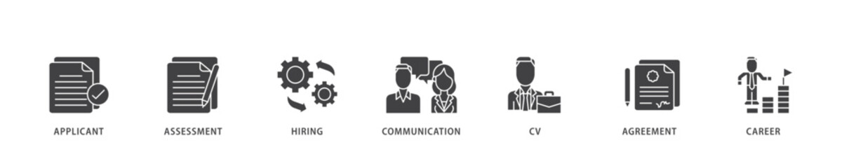 Job interview icon infographic illustration concept with icon of applicant, assessment, hiring, communication, cv, agreement and career icon live stroke and easy to edit 