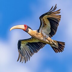 Obraz premium Majestic hornbill soaring through a clear blue sky with outstretched wings