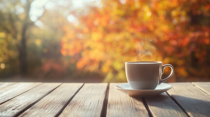 Cup of coffee on the wooden table in autumn forest