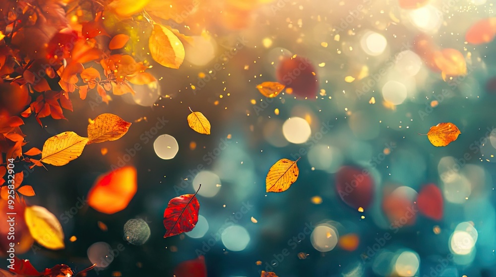 Poster a dreamy autumn scene with floating leaves and shimmering bokeh lights, capturing the essence of sea