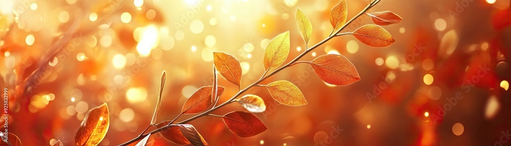 Poster a beautiful branch adorned with vibrant orange leaves, illuminated by soft golden light, creating a 