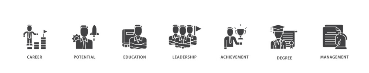 MBA icon infographic illustration concept with icon of career, potential, education, leadership, achievement, degree and management icon live stroke and easy to edit 