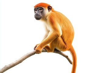 A vibrant monkey perches on a branch against a white background