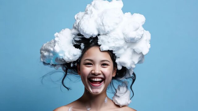 portrait beautiful asian model girl laughing with big soap foam on head in hair on solid blue background, hygiene, Shampoo, hair treatment and soap, bathing time 