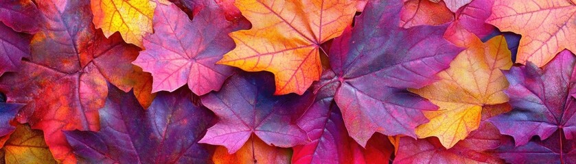 A vibrant collection of autumn leaves featuring striking purple, orange, and yellow hues, perfect for seasonal decor and nature themes.
