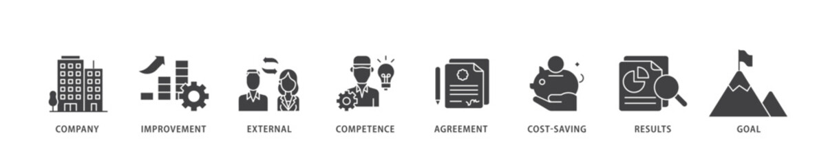 Outsourcing icon infographic illustration concept with icon of company, improvement, external, competence, agreement, cost saving, and recruitment icon live stroke and easy to edit 