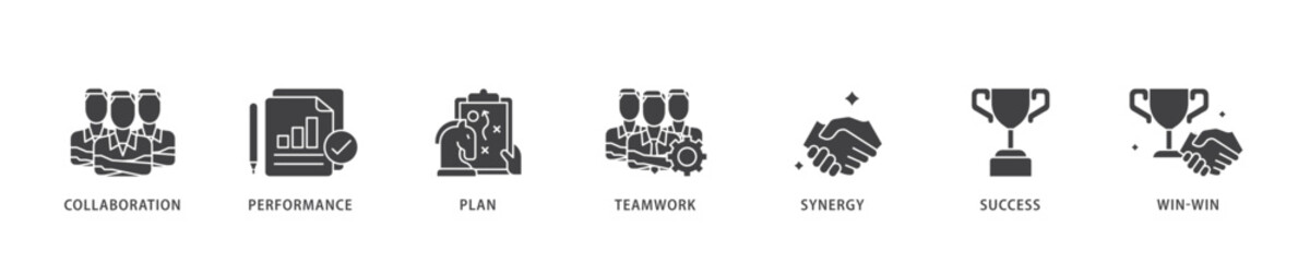Partnership icon infographic illustration concept with icon of collaboration, performance, plan, teamwork, synergy, success and win win solution icon live stroke and easy to edit 
